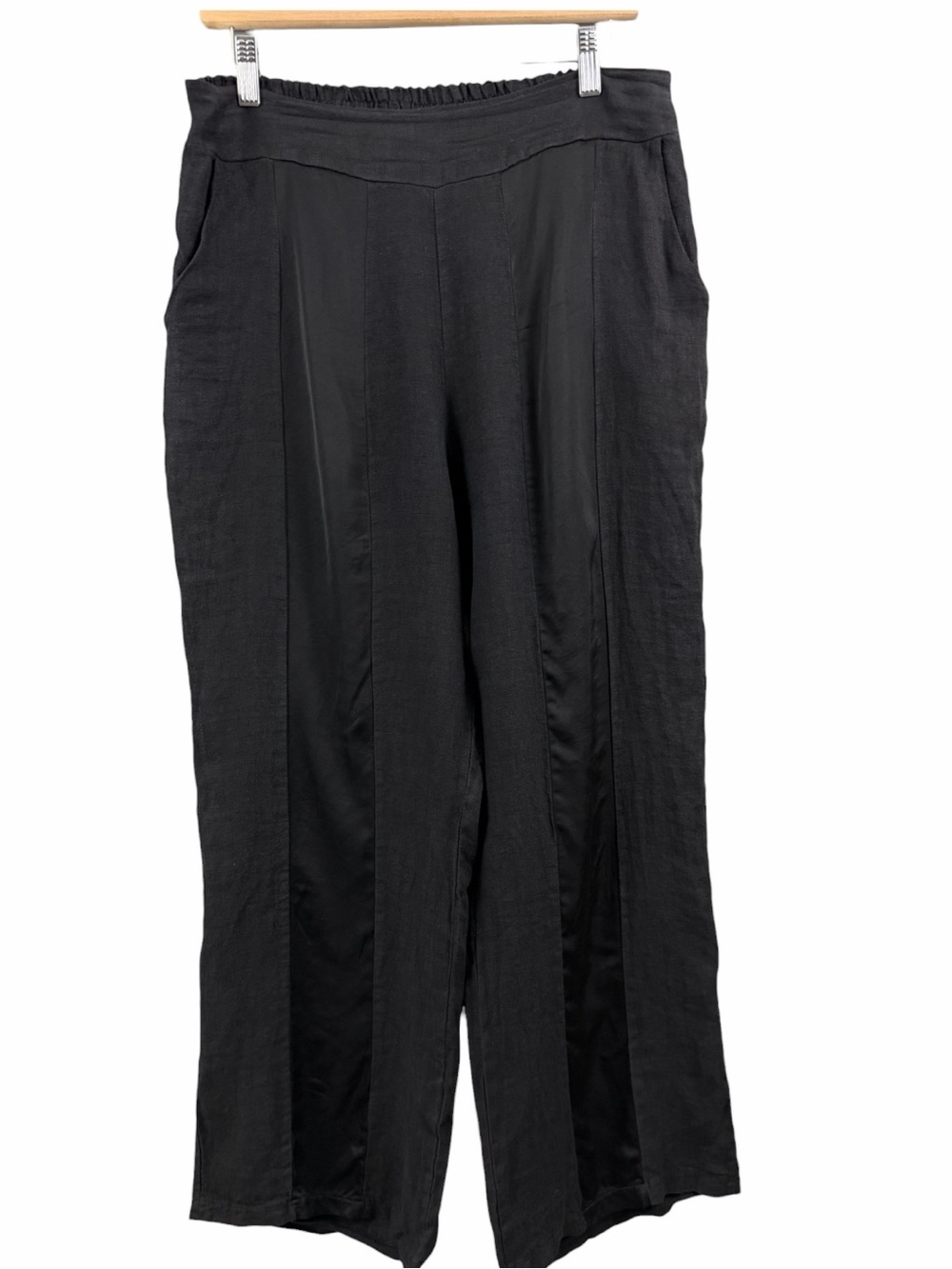 Le Nove Made in Italy Linen Wide Leg Satin Strip Pants Black Pockets Size L-XL